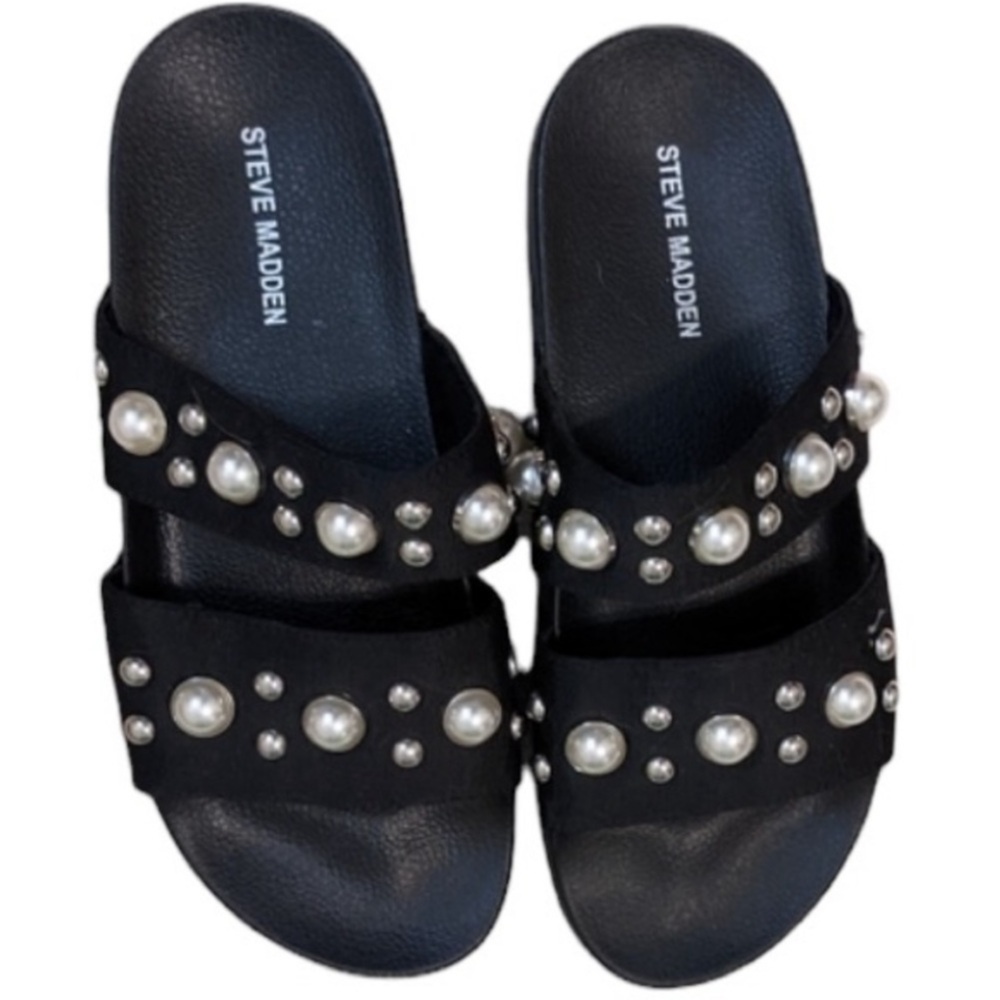 Steve Madden size 10  black rubber slides embellished with pearls